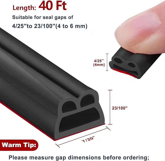 40FT Rubber Weather Stripping Door Seal, Self Adhesive Door Insulation Strip, Block Drafts, Multi-Layer Soundproof, Weatherstripping for Door Frame and Windows (Black)