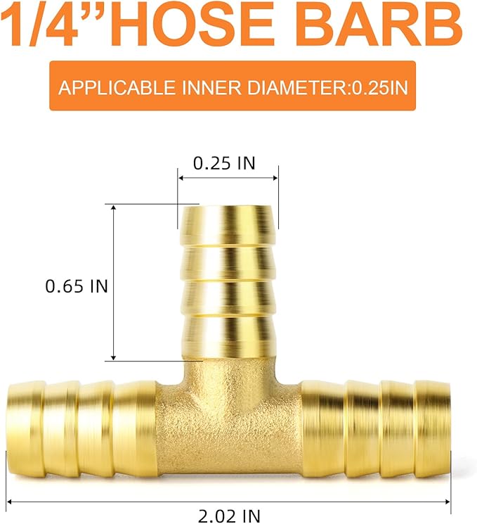 GASHER 10 Pieces Brass Hose Barb Tee, 3-Way Tee Hose Fitting (1/4" x 1/4" x 1/4" Hose Barb)