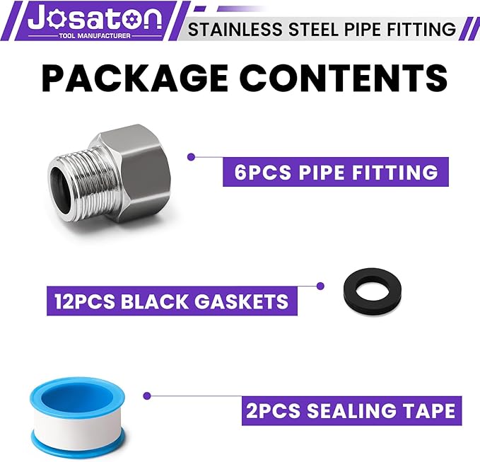 1/2" Male to 1/2" Female Pipe Extension Fitting, Josaton Stainless Steel Pipe Connector Fitting Hex Bushing Adapter for Tub Spout/Shower with Black Gaskets & Sealing Tape, 30MM/ 40MM/ 50MM Length