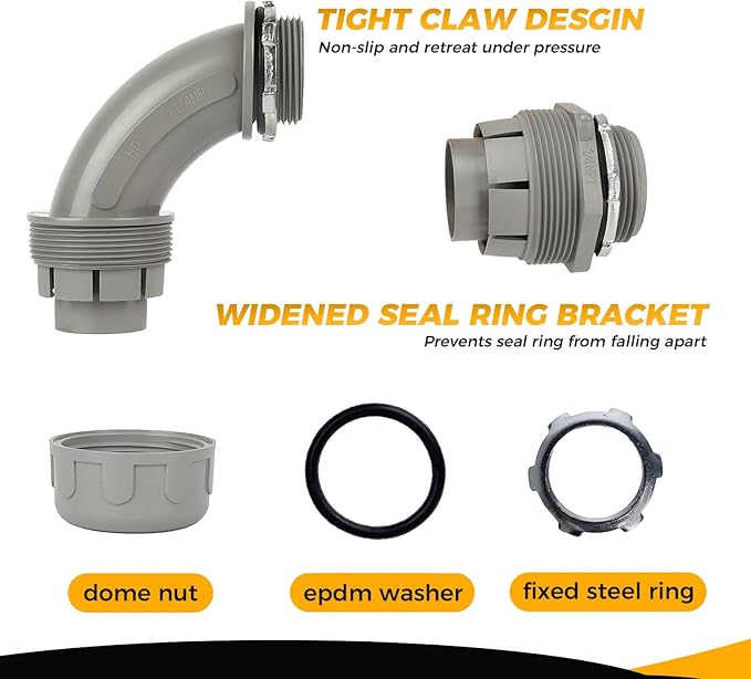 Conduit Connectors, 1-1/4 Inch Liquid Tight Connector NPT Non-Metallic for PVC Electrical Flexible Conduit Fittings, 2 Straight and 2 Angle 90 Degree, UL Listed, Grey (4-Pack)
