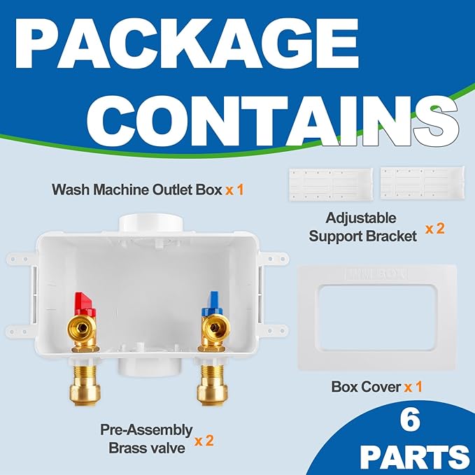 Washing Machine OutLet Box With Brass Valve, 1/2 Inch Push-Fit Inlet x 3/4 Inch MHT Outlet, Push-to-Connect Center Drain Laudry Box