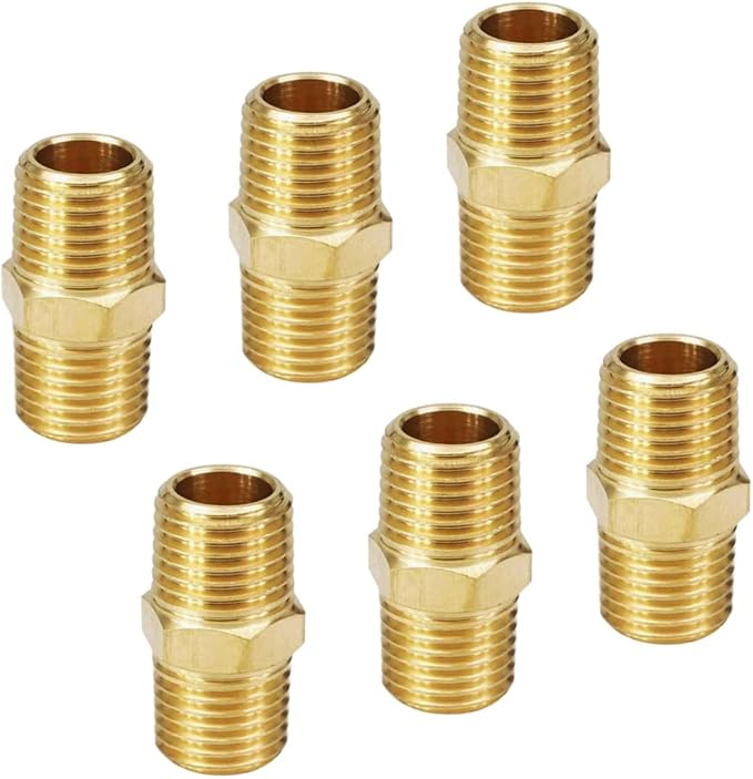 HQMPC Solid Brass Pipe Fitting Gas Connect Adapter Brass Union Coupler Adapter Gas x Flare Fittings Male Pipe, Hex Nipple 1/4"NPT 6Pcs