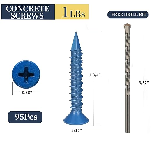 95Pcs 3/16 x 1-3/4 in Concrete Screws with Drill bits,Masonry Screws for Concrete Assortment Kit,Flat Head Block Cement Stacoo Screws and Anchors,Diamond Point,Blue Coated(1LB)