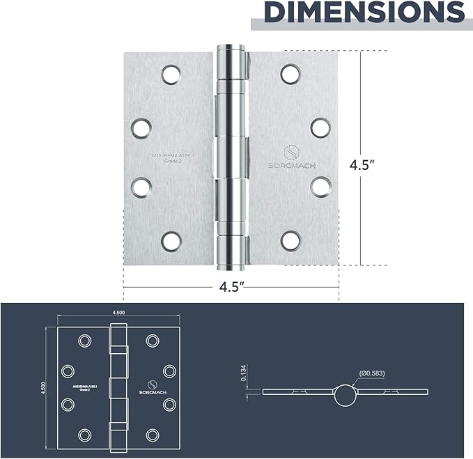 Satin Chrome 4.5 Inch Commercial Hinges Square Radius Corners Brushed Silver Door Hinges 4 ½"x 4 ½" Ball Bearing Door Hinges for Interior Exterior Door - 3 Pack