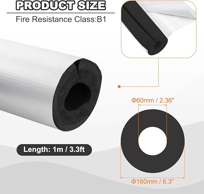 PATIKIL Pipe Insulation Foam Tube, 3.3FT Length Self Adhesive Pipe Freeze Protection Wrap with Aluminum Foil 2.36"(60MM) ID x 5cm Thickness for Outdoor Winter Irrigation
