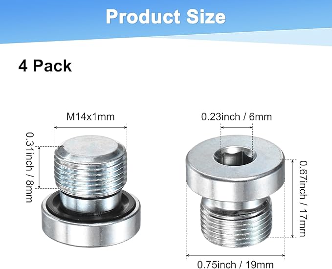 4-Pack M14x1mm Inner Hex Head Pipe Fitting Plug, Carbon Steel Sensor Socket Plug with Seal O-Ring for Terminate Pipe Ends/High Pressure Washer, Sealing Screw
