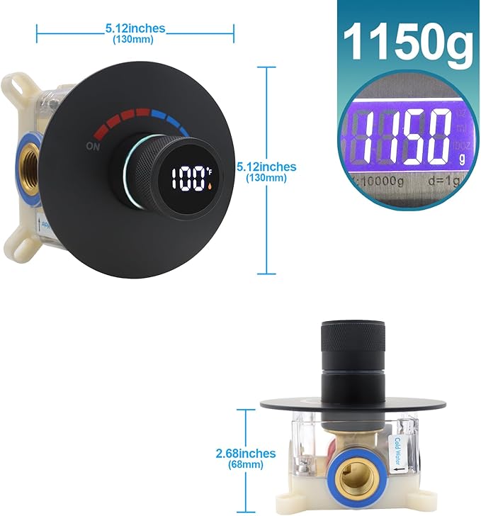 Round Digital Display Shower Valve Shower Diverter Single Way Shower Mixing Valve Concealed Installation in Wall for Bathroom Matte Black