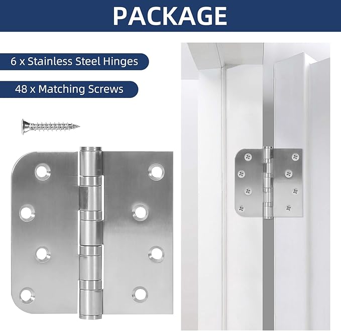 6 Pack Ball Bearing Door Hinges, 4 Inch x 4 Inch Heavy Duty Stainless Steel Door Hinges with Square & 5/8'' Round Radius Corner for Exterior & Interior Doors, Silver