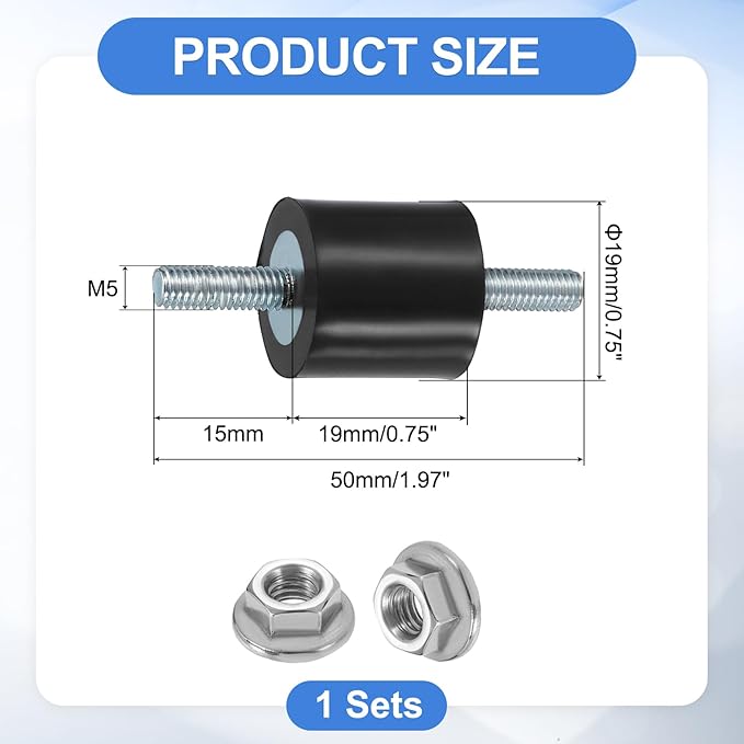 uxcell 4Pcs M5 x 15mm Rubber Mounts, 19 x 19mm Cylindrical Anti Vibration Isolator Studs Shock Absorber Double Studs with Nuts for Car Bobbin Generator Air Compressors
