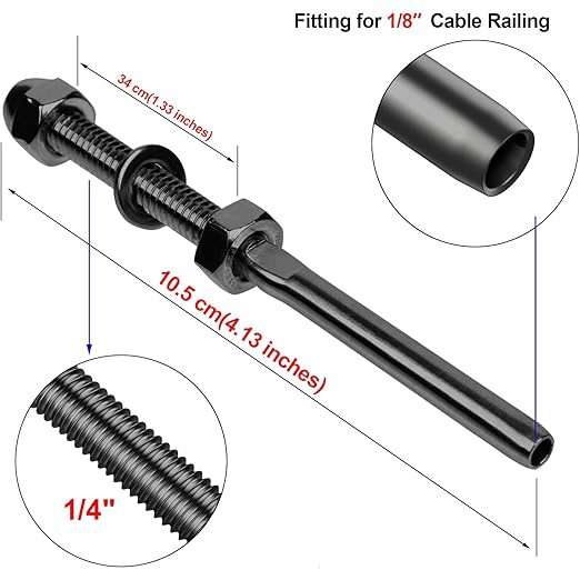 BLIKA 60 Pack Black Cable Railing Swage Threaded Stud Tension End Fitting Terminal for 1/8" Deck Cable Railing, T316 Stainless Steel, Black Cable Railing tensioner 1/8" for 2"x2" Wood/Metal Post