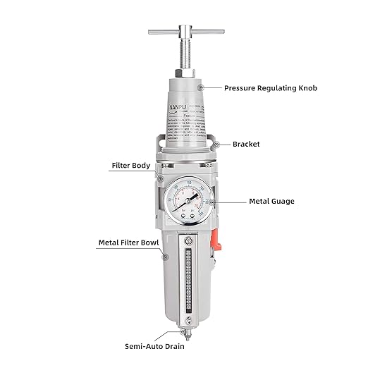NANPU 3/4" NPT High Pressure Air Filter/Regulator Combo, T-Handle, Semi-Auto Drain, 0-300 Gauge, Metal Bowl