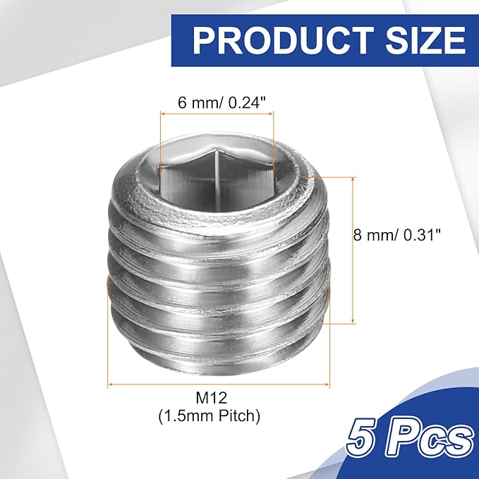 PATIKIL 5 Pcs 304 Stainless Steel Pipe Plug M12 x 1.5 Male Internal Hex Thread Socket Pipe Plug Hex Countersunk Pipe Fitting for Sealing Water Oil Gas Pipeline, Silver