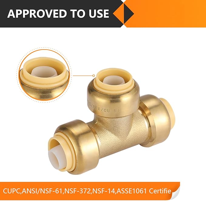 HeSun 10-Pack Pushfit Tee, 3/4"x3/4"x3/4" Push to Connect Plumbing Fittings with Disconnect Clip, Brass Push-fit Fittings for PEX, Copper, CPVC, PE-RT Pipes