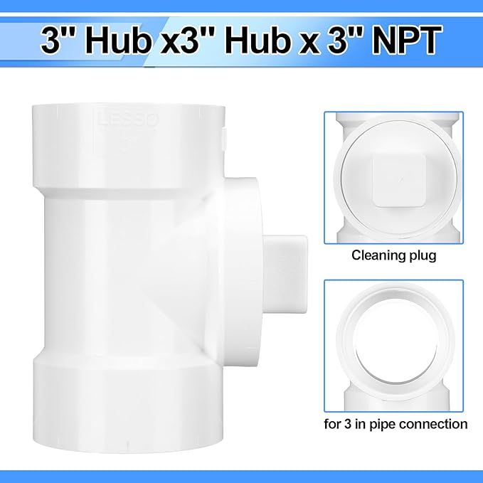 3" Hub x 3" Hub x 3" PVC Dwv Pipe Fitting Cleanout Tee with Plug Sewer Cleanout Adapter with NPT Female for Drainage Piping, Ventilation and Other System Drain
