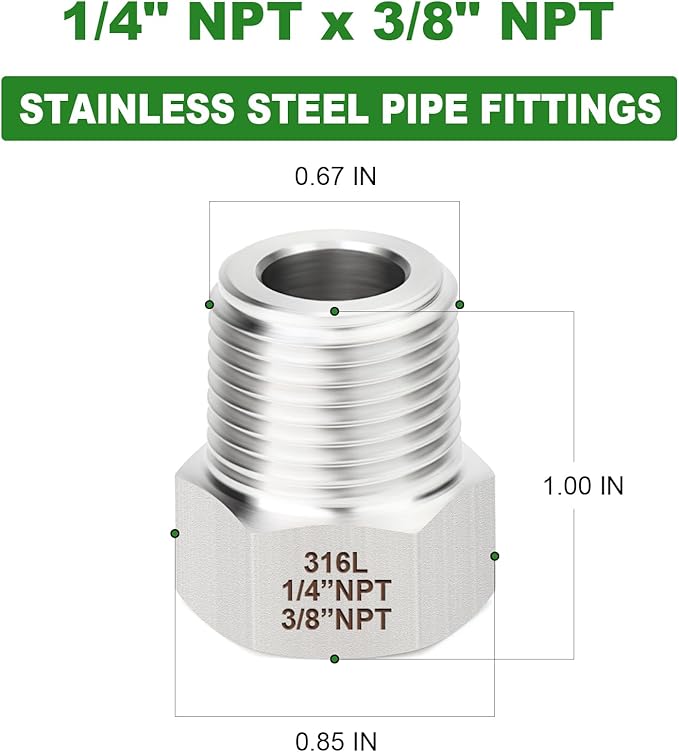 TAISHER 2PCS Forging of 316L Stainless Steel Reducer Hex Bushing, 3/8" Male NPT to 1/4" Female NPT, Reducing Forging Pipe Adapter Fitting