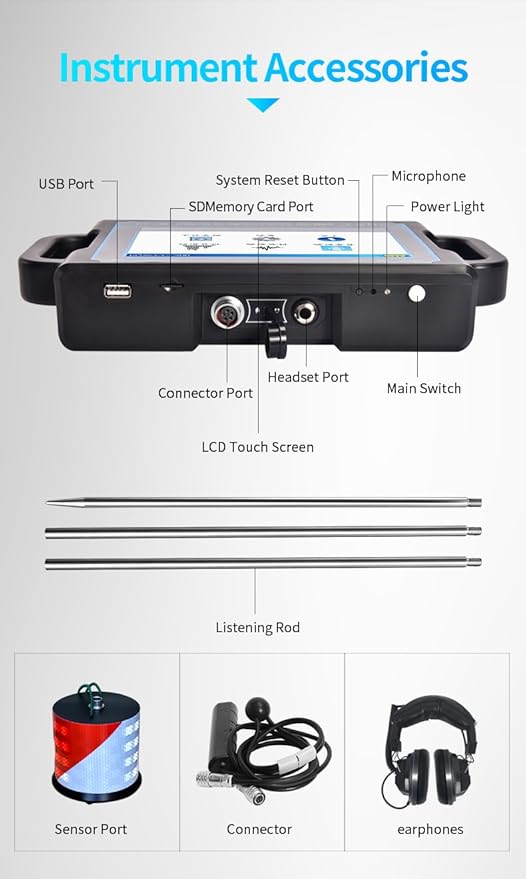 PQWT CL300 Water Leak Detectors for Home and Outside Wall Water Pipe Detector Acoustic Pipeline Leakage Detection Kit Professional Sensor Noise Reduce Headphone LCD Touchscreen Carry Case 3 Meters