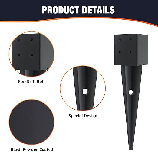 2 Pcs 4x4 Fence Post Anchor Ground Spike 16" (Inner Size 3.6"x3.6") Black Powder Coated–Mailbox Post Anchors, for Deck,Fence,Railing,Mailbox..