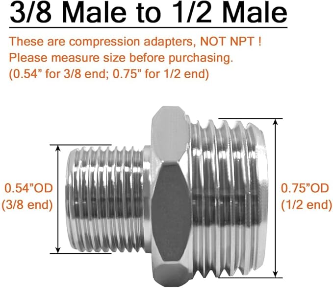 Joywayus 1/2 G Male to 3/8 Compression Male Thread Pipe Fitting, Nickel Plated Brass Reducer Faucet Connector Water Hose Adapter, Supply Line Adapter for RV Kitchen Bathroom Plumbing (Pack of 2)
