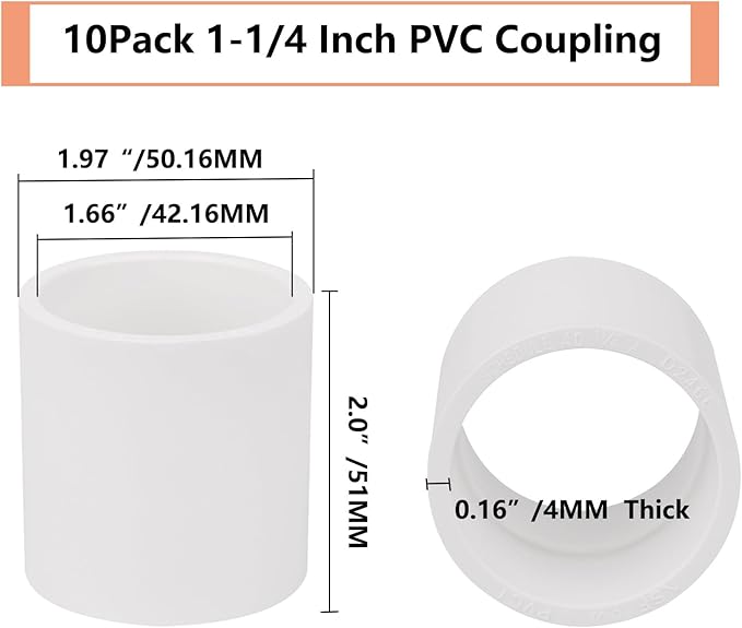 10Pack 1-1/4" PVC Pipe Coupling Adapter Pipe Fittings (Socket x Socket) Contractor Pack Schedule 40 Heavy Duty 1.25 Inch PVC Slip Socket Connectors for DIY PVC Shelf Garden Support Structure, White