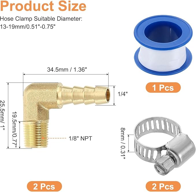 uxcell 2Pcs Brass Hose Barb Fittings, 1/4" x 1/8" NPT 90 Degree Elbow Hose Connector with Hose Clamps for Water Fuel Gas Oil Transportation