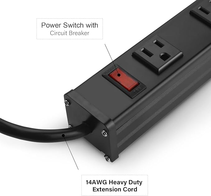 Long Heavy Duty Metal Power Strip - 16 Outlet Large Industrial Multi Wide Strip for Garage Workshop - 15 FT Cord, 15A, 125V, 1875W, Black