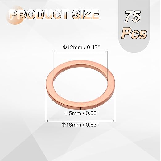 uxcell 75Pcs M12 Flat Washer Copper Washer Sealing Rings, 12mm ID 16mm OD 1mm Thickness Copper Crush Washers Metric Sealing Gasket for Plumbing Machinery Automotive