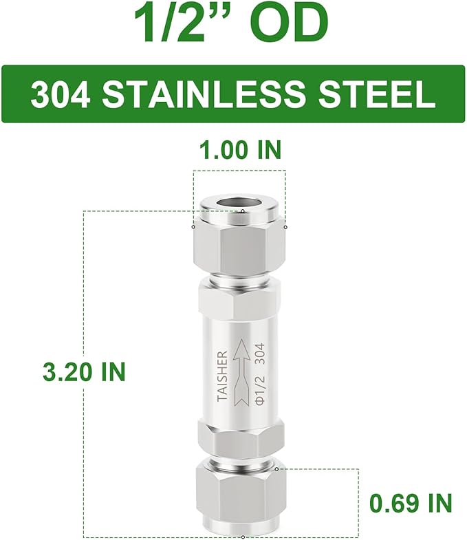 TAISHER 1PCS 304 Stainless Steel 1/2" Tube OD Check Valve,Backflow Prevention,One Way Non-Return Check Valves