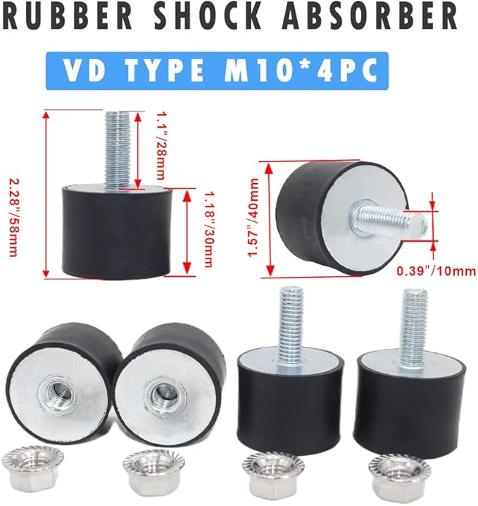 M10 Rubber Studs Shock Absorber Anti-Vibration Isolator Mounts, Rubber Cylindrical Vibration Isolation Mount for Air Compressors Garage Motor Diesel Engines with Non-Slip Nuts, 4 Pack Double Stud