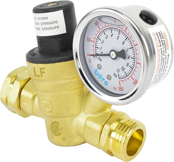 HYDRO MASTER Water Pressure Regulator Brass Valve with Gauge for RV Camper, Pressure Range 0-160PSI / 0-11Bar
