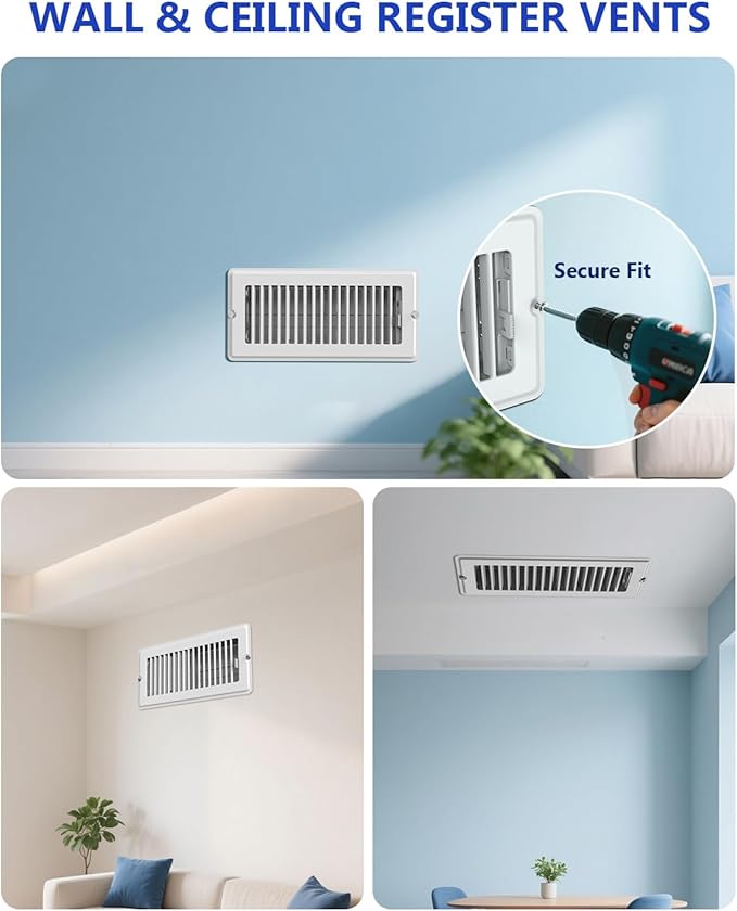 4x10 Floor Regsiter - 5 Pack Vent Covers for Home Floor Wall Ceiling - White with Screws for Easy Installation - Heavy Duty Steel Walkable Finish for Quiet Adjustable Airflow HVAC Register Grilles