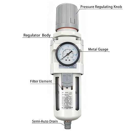 XingNEeng 1/2" NPT Compressed Air Filter Regulator Lubricator Combo, Water/Oil Trap Separator, Gauge(0-150 psi), Semi-Auto Drain, Poly Bowl, 5 Micron Brass Element, Bracket, for Pneumatic Systems