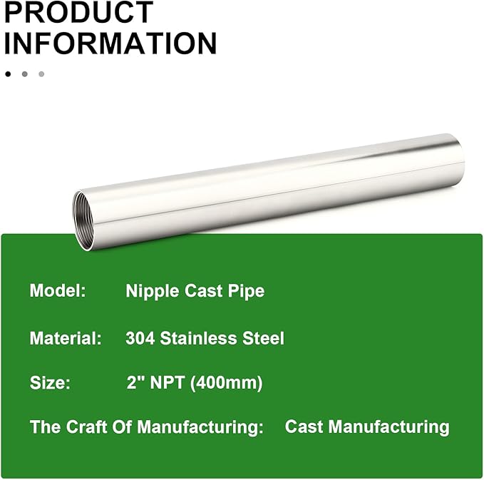 TAISHER 1PCS Stainless Steel Pipe Fittings, 2" NPT Female x 2" NPT Female Threaded, 16" Length Nipple Cast Pipe