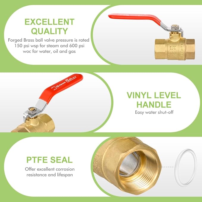 10Pack Orianse 3/4 Inch Red Handle Full Port Brass Ball Valve 3/4" FIP NPT Threaded,Heavy Duty 150PSI 600 WOG,1/4-Turn Shut Off Ball Valve for Water Oil Gas