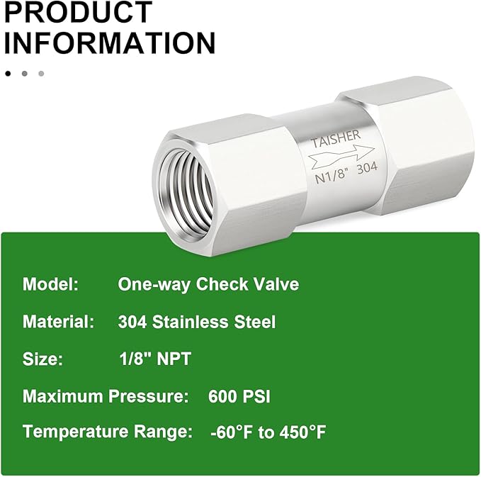 TAISHER 1PCS 304 Stainless Steel 1/8" NPT Female Check Valve,Backflow Prevention,One Way Non-Return Check Valves