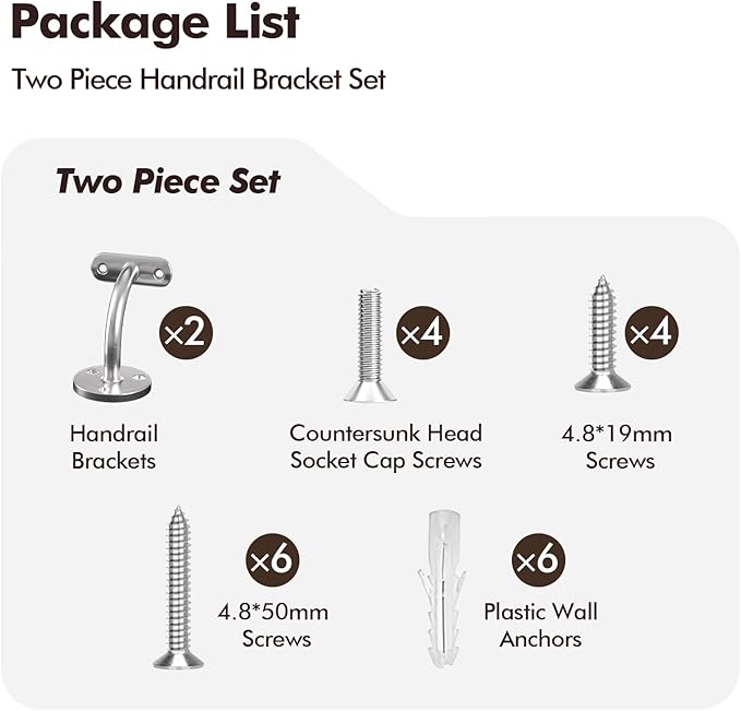 Hand Rail Bracket, 2 Pack Stainless Steel 316 Heavy Duty Hardware for 1-11/16 inch (42.4mm) Stairways, Home or Office Stair Support Handrail Brackets