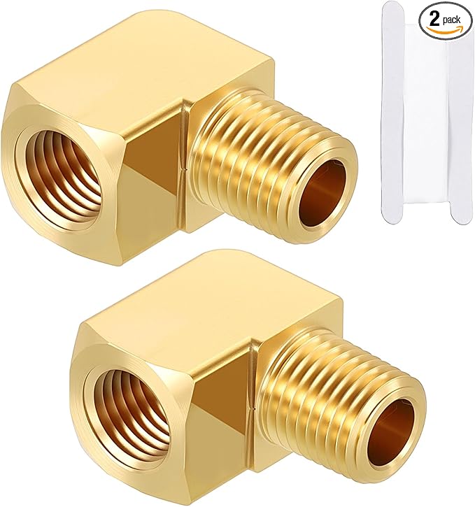 Packs of 2, 90 Degree 1/4" FeMale NPT to 1/4" Male NPT Solid Brass Barstock Street Elbow, Forged Pipe Fitting for Pipe Leak Repair, Bathroom Remodeling, Tool Extension, Compression