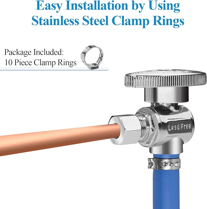 WiseWater Angle Stop Valve 1/2" PEX x 3/8" Compression, 1/4 Turn Shut Off Valve, Chrome Brass Plumbing Fitting for Ice Maker, Sink & Toilet (10-Pack)
