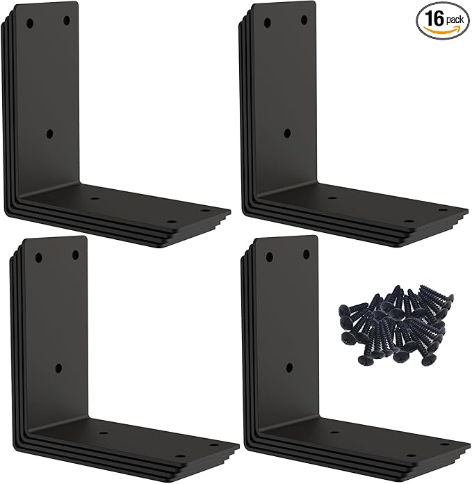 L Bracket,Raised Garden Bed Corner Brackets,Heavy Duty Corner Brace,Stainless Steel Shelf Bracket,Black Large Angle Brackets, Metal Iron Bracket for Wood Aufuga (Black_4x4x2inch, 16)