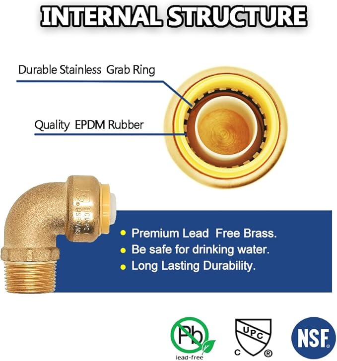 HQMPC 3/4" PEX Fittings No Lead Male PushFit Elbow 90-Degree - 6pcs 3/4" 90 Degree Elbow Push-to-Connect Plumbing Fitting for Copper, PEX, CPVC
