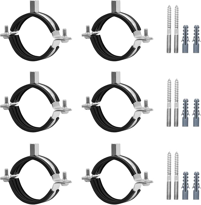 6 Pcs 1.9-2 Inch Split Ring Pipe Hanger, 47-51mm Heavy Duty Adjustable Pipe Bracket Clamp with Screw & Expansion Tube, Wall Ceiling Mount Combination Thread M8/M10 Metal Pipe Clamps