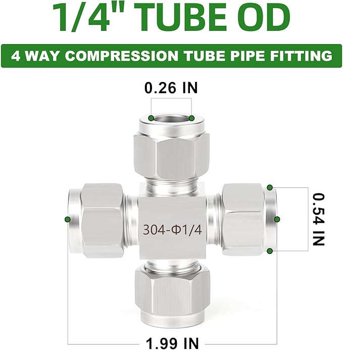 TAISHER 1PCS 304 Stainless Steel 4 Way Compression Tube Pipe Fitting Connector, 1/4" x 1/4" x 1/4" x 1/4" Tube OD Adapter