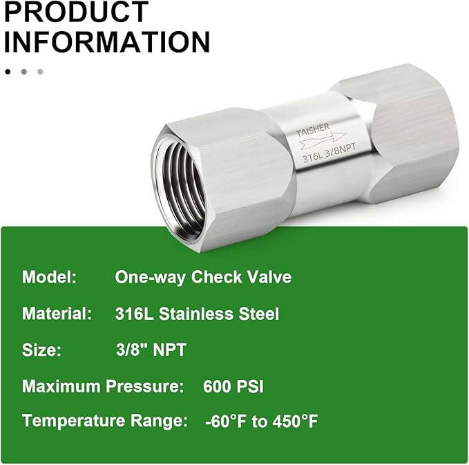 TAISHER 1PCS 316L Stainless Steel 3/8" NPT Female Check Valve,Backflow Prevention,One Way Non-Return Check Valves