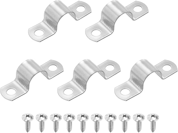 uxcell 5Pcs 18mm(11/16") Two Hole Rigid Pipe Strap, 304 Stainless Steel Conduit Clamp Thicken U Bracket Heavy Duty Pipe Clamp with Self-Tapping Screws for Fixing Tube Cable, Silver