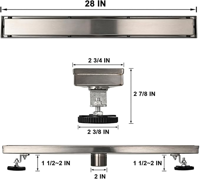 Linear Shower Floor Drain, 28 Inch Brushed Nickel 304 Stainless Steel Bathroom Drains Kit, Rectangular Shower Trench Drain with Reversable Tile-in Pattern Drain Cover & Hair Catcher