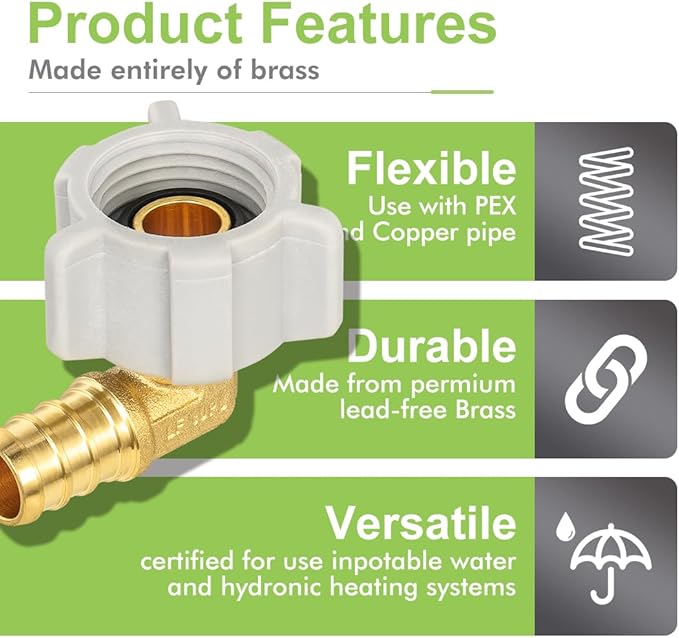 10 Pack Female NPT Swivel Elbow, PEX 1/2" x 1/2" NPSM Female Threaded Brass Barb Crimp Fittings, Full Port for PEX-B pipes, NSF/ANSI 61 NSF 372 Certificate, ASTM F1807 Certified