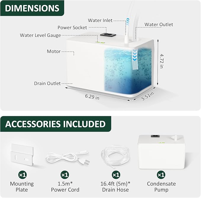 Condensate Pump Automatic Condensation Drain Removal Mini Quiet Pump for HVAC,Air Conditioner,Dehumidifier,Furnance,Ice Maker, AC110-220V,Mini White