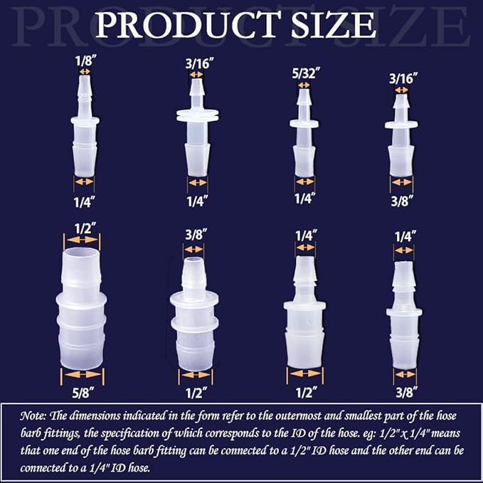 40Pcs Plastic Hose Barb Reducing Fittings Assortment, 8 Sizes of Barbed Reducer Hose Pipe Fitting Connector Adapter Union Splicer Joint for Air Gas Water Liquid Line Catheter Tube Pump Adapters