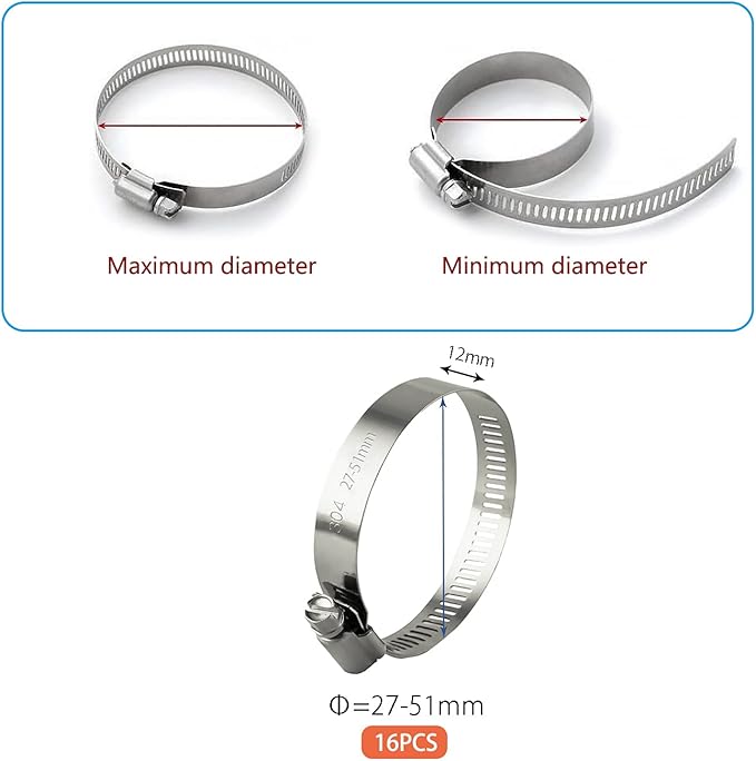 Hose Clamp, 1-2 Inch Worm Gear Hose Clamps Stainless Steel for Fuel Line, Pipe, Radiator, Tube and Fuel Line, 27-51mm (16pack)