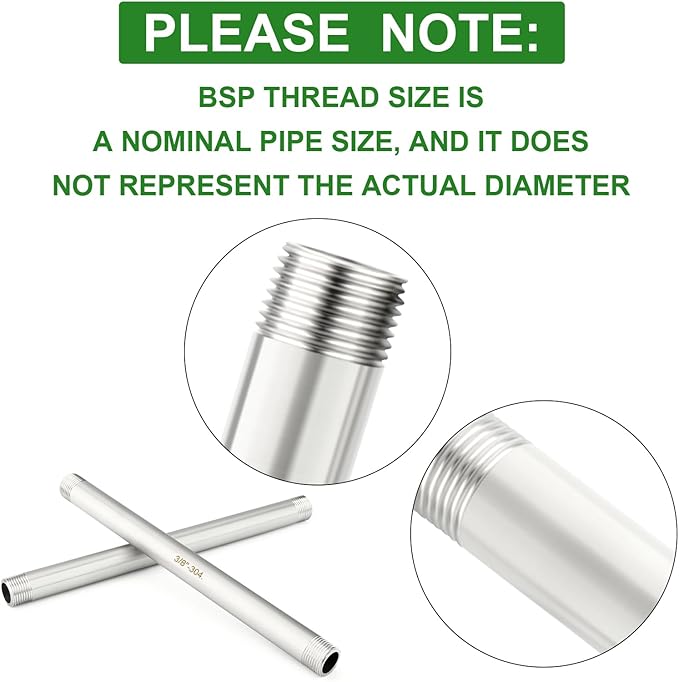 TAISHER 2PCS Stainless Steel Pipe Fittings, 3/8" BSP Male x 3/8" BSP Male Threaded, 8" Length Nipple Cast Pipe