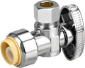 Stop Valves, 1/2" × 3/8" Angle Stop Valve, 1/2" PTC Input, 3/8" OD Compression Output, Push to Connect, 1/4 Turn, Chrome Plated Brass for Faucet, Toilet Valves, No Lead